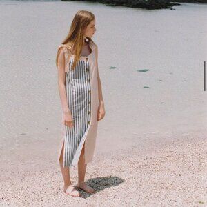 Nominate Stripe Color Block Midi Dress Button Front Shoulder Ties